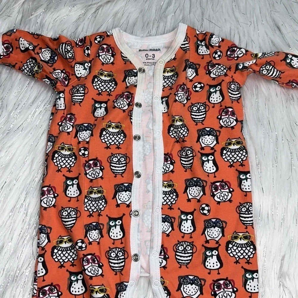 Roller Rabbit 0-3 months Orange Owl Snap Button Footie Pajama Onesie